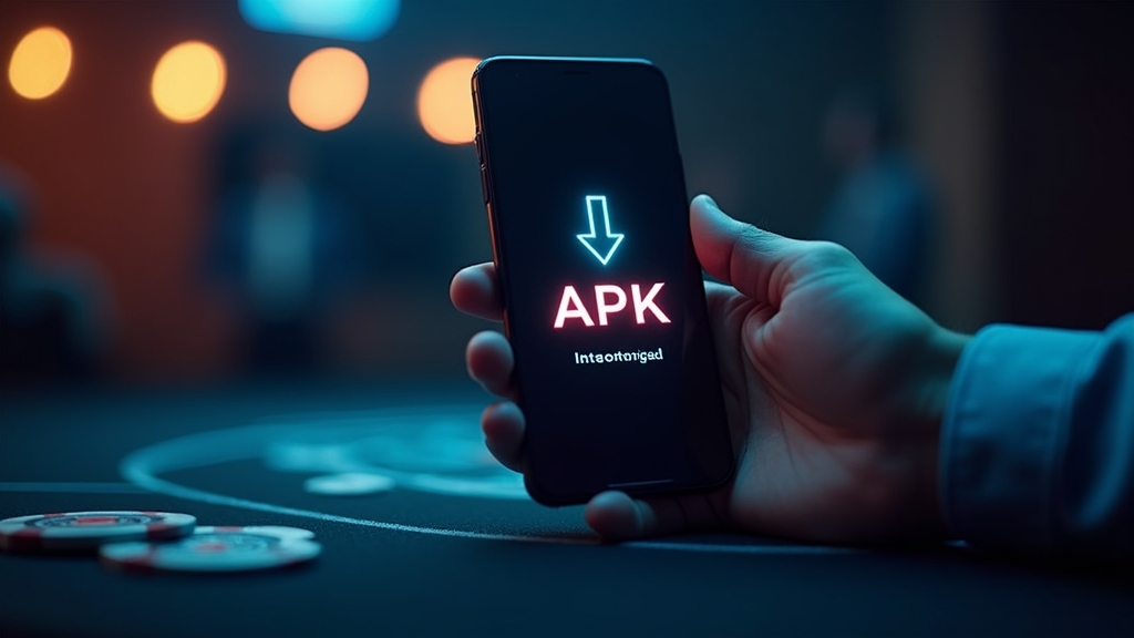 Android-Handy mit APK-Installation vor dunkler Casino-Kulisse