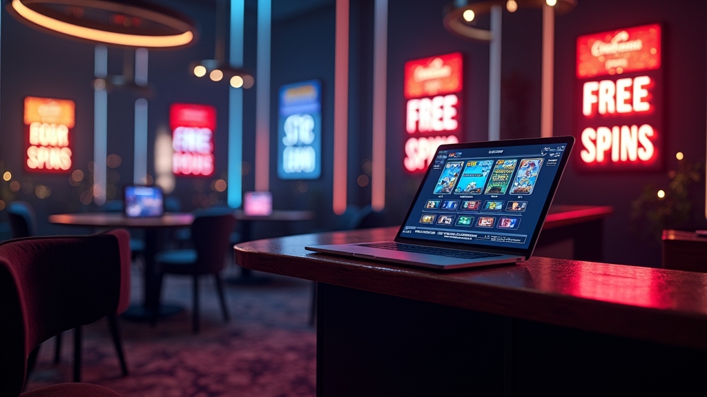 Dunkles Casino mit Bonus-Bannern, Freispielsymbolen und Aktionscode-Terminal