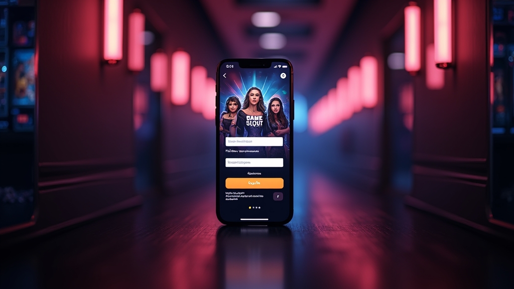 Smartphone mit Login und Spielübersicht in einer dunklen Casino-Szene