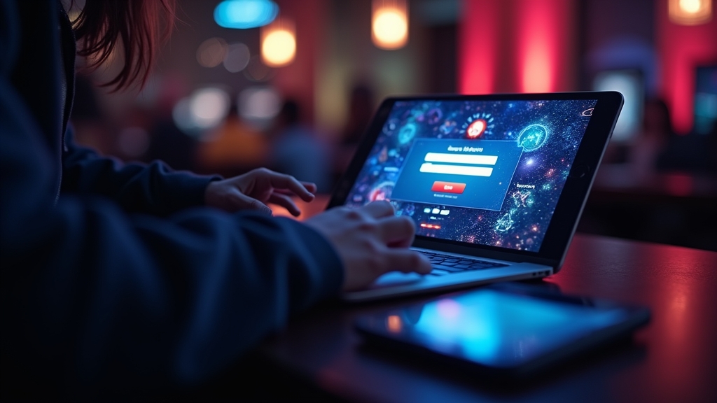 Login-Bereich mit Casino-Atmosphäre und leuchtendem Bildschirm