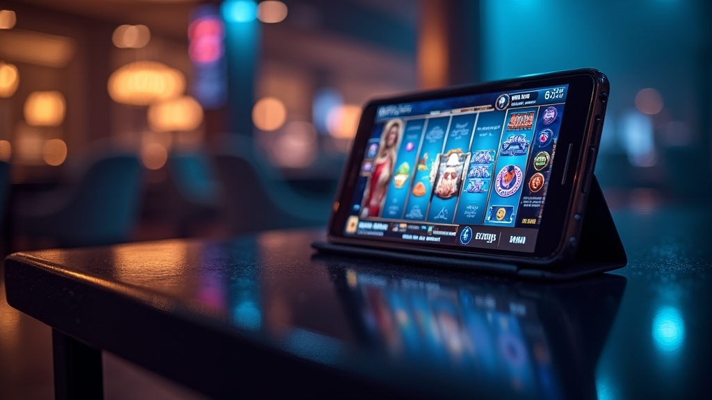 Android-Smartphone mit Casino-Lobby und Slot-Übersicht in dunkler Atmosphäre